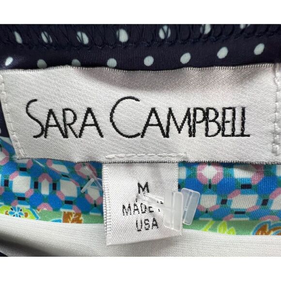Sara Campbell Dress Womens M Blue Multi Polka Dot Floral Boat Neck Boho Retro - Picture 9 of 11